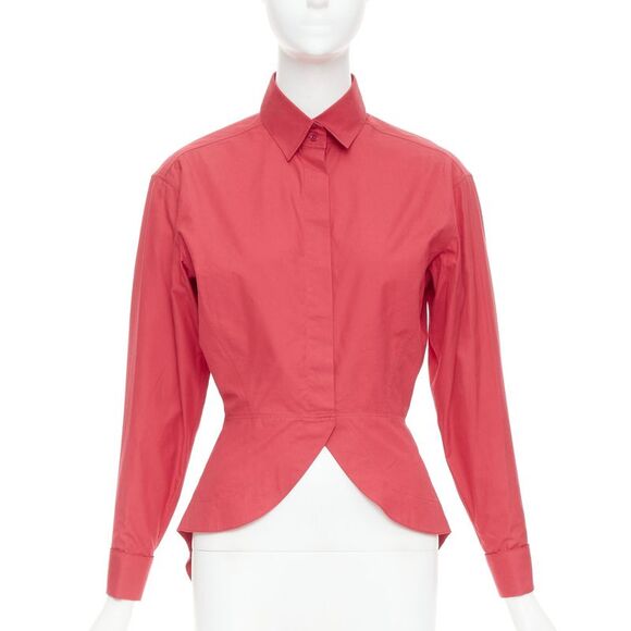 ALAIA red cotton curved tulip petal peplumpuff sleeves shirt FR36 S